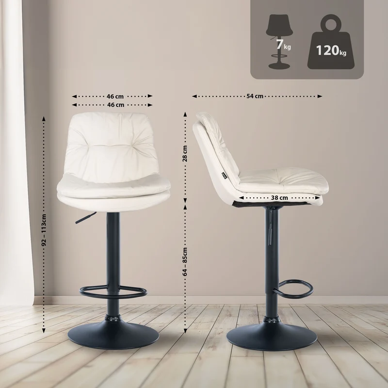 Tabouret chaise haute x1 pour cuisine et bar à assise moelleuse en similicuir blanc foncé cadre en métal noir 10_0005800