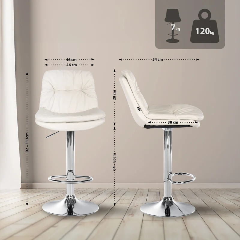 Tabouret chaise haute x1 pour cuisine et bar à assise moelleuse en similicuir blanc foncé cadre en métal chromé 10_0005799