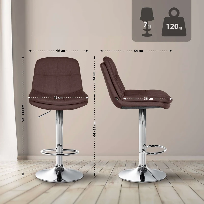 Tabouret chaise haute x1 pour cuisine et bar à assise moelleuse en tissu marron cadre en métal chromé 10_0005792