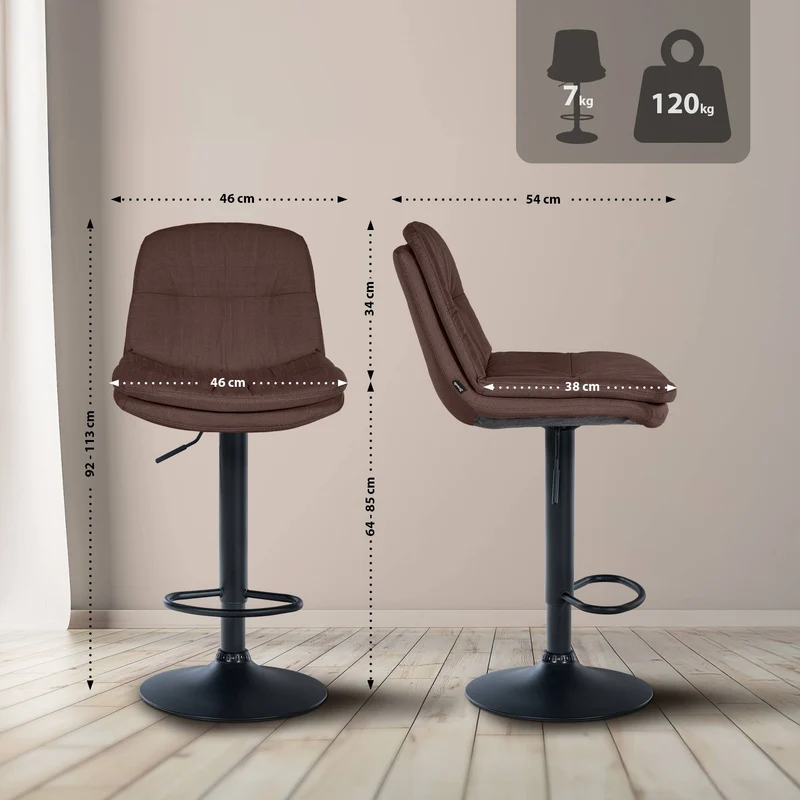 Tabouret chaise haute x1 pour cuisine et bar à assise moelleuse en tissu marron cadre en métal noir 10_0005791