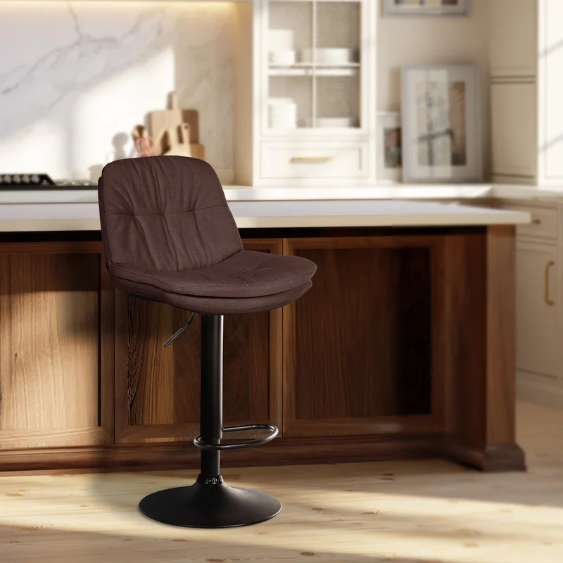 Tabouret chaise haute x1 pour cuisine et bar à assise moelleuse en tissu marron cadre en métal noir 10_0005791