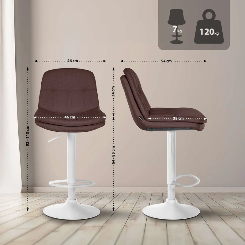 Tabouret chaise haute x1 pour cuisine et bar à assise moelleuse en tissu marron cadre en métal blanc 10_0005790