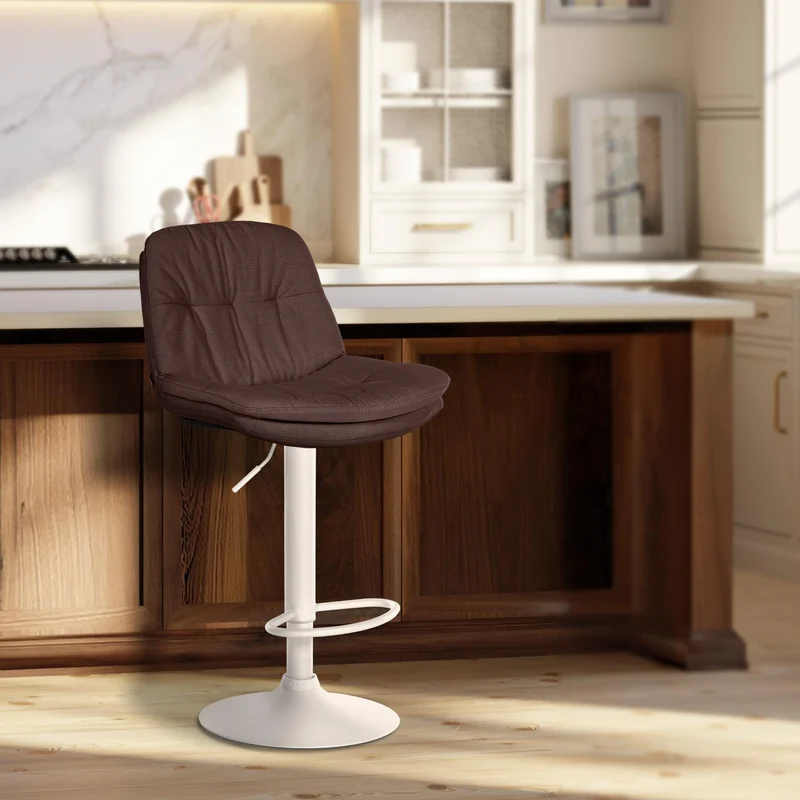 Tabouret chaise haute x1 pour cuisine et bar à assise moelleuse en tissu marron cadre en métal blanc 10_0005790