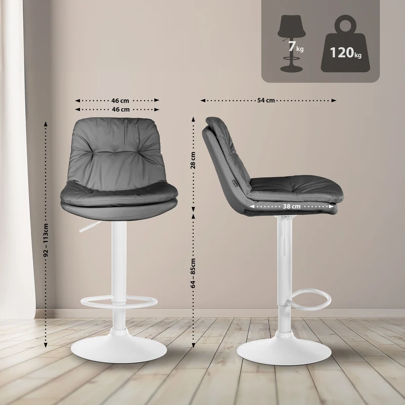 Tabouret chaise haute x1 pour cuisine et bar à assise moelleuse en similicuir gris cadre en métal blanc 10_0005704