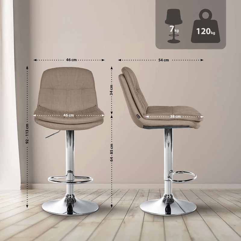 Tabouret chaise haute x1 pour cuisine et bar à assise moelleuse en tissu taupe cadre en métal chromé 10_0005700