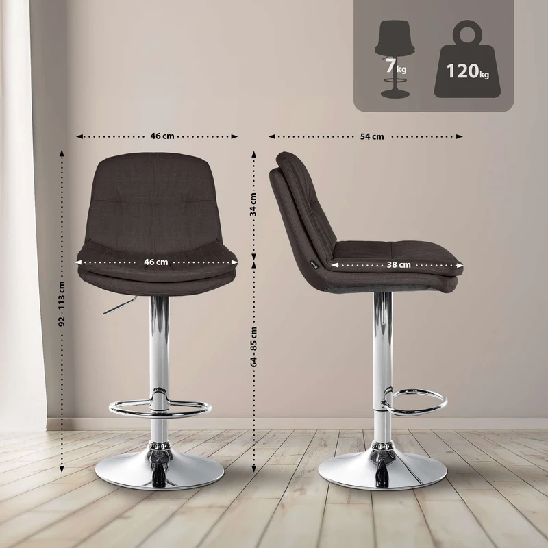 Tabouret chaise haute x1 pour cuisine et bar à assise moelleuse en tissu gris foncé cadre en métal chromé 10_0005699