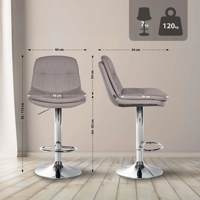 Tabouret chaise haute x1 pour cuisine et bar à assise moelleuse en tissu gris cadre en métal chromé 10_0005698