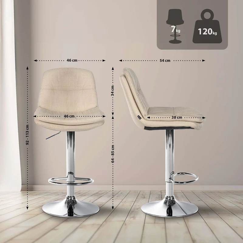 Tabouret chaise haute x1 pour cuisine et bar à assise moelleuse en tissu crème cadre en métal chromé 10_0005697