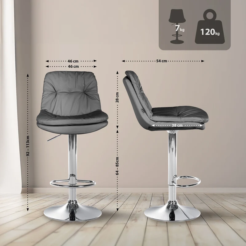 Tabouret chaise haute x1 pour cuisine et bar à assise moelleuse en similicuir gris cadre en métal chromé 10_0005696