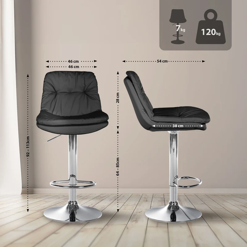 Tabouret chaise haute x1 pour cuisine et bar à assise moelleuse en similicuir noir cadre en métal chromé 10_0005695