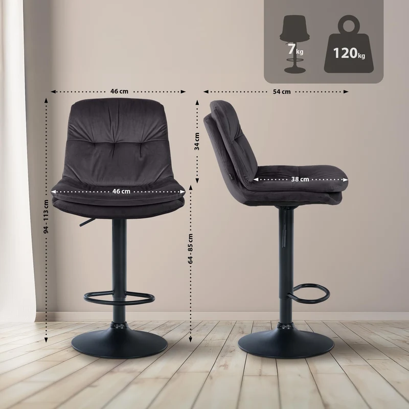 Tabouret chaise haute x1 pour cuisine et bar à assise moelleuse en velours noir cadre en métal noir 10_0005694