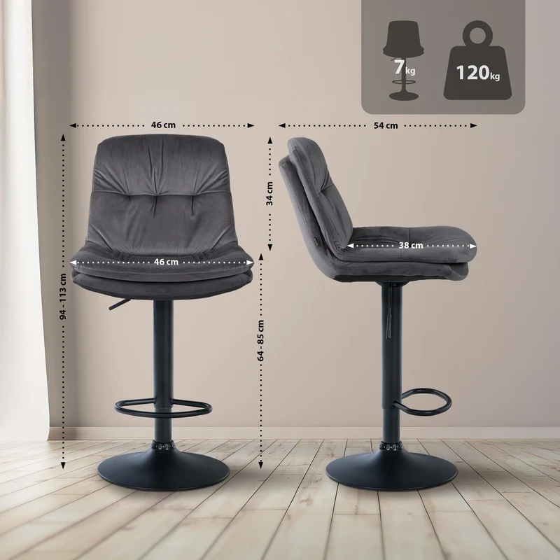 Tabouret chaise haute x1 pour cuisine et bar à assise moelleuse en velours gris foncé cadre en métal noir 10_0005693