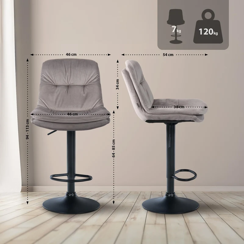 Tabouret chaise haute x1 pour cuisine et bar à assise moelleuse en velours gris cadre en métal noir 10_0005692
