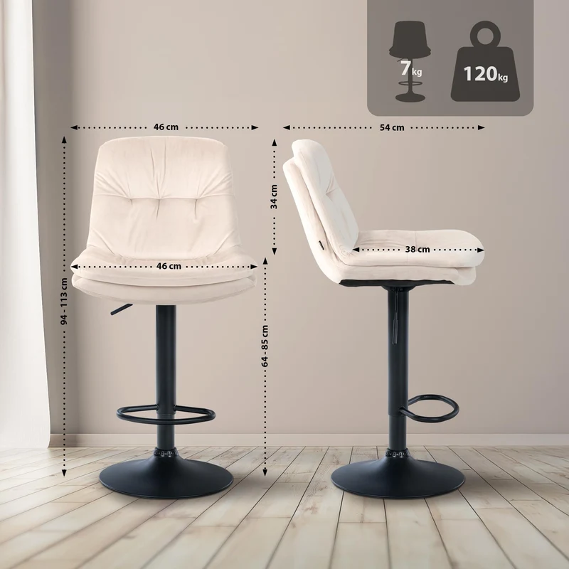 Tabouret chaise haute x1 pour cuisine et bar à assise moelleuse en velours crème cadre en métal noir 10_0005691