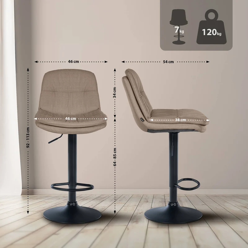 Tabouret chaise haute x1 pour cuisine et bar à assise moelleuse en tissu taupe cadre en métal noir 10_0005690