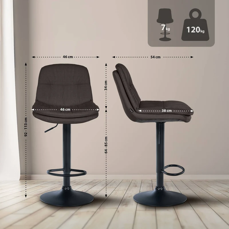 Tabouret chaise haute x1 pour cuisine et bar à assise moelleuse en tissu gris foncé cadre en métal noir 10_0005689