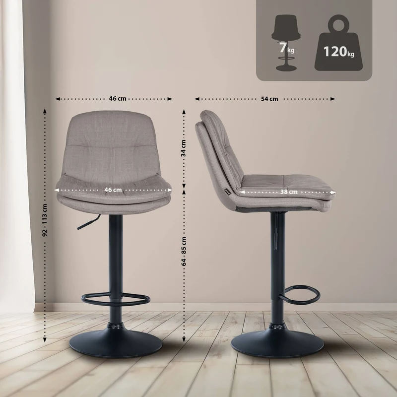 Tabouret chaise haute x1 pour cuisine et bar à assise moelleuse en tissu gris cadre en métal noir 10_0005688