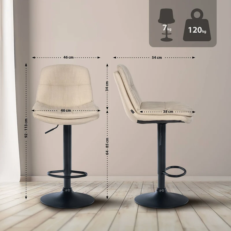 Tabouret chaise haute x1 pour cuisine et bar à assise moelleuse en tissu crème cadre en métal noir 10_0005687