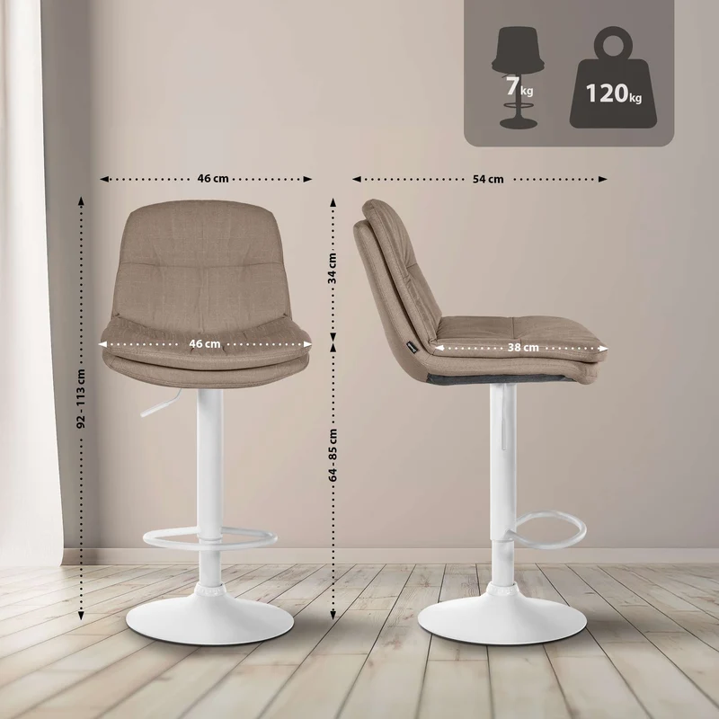 Tabouret chaise haute x1 pour cuisine et bar à assise moelleuse en tissu taupe cadre en métal blanc 10_0005686