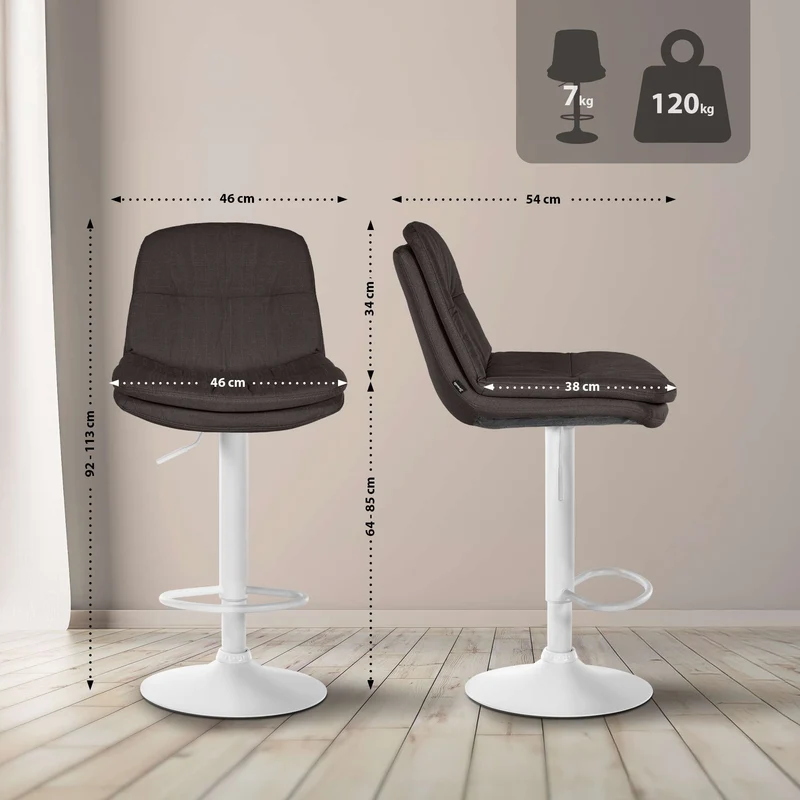 Tabouret chaise haute x1 pour cuisine et bar à assise moelleuse en tissu gris foncé cadre en métal blanc 10_0005685
