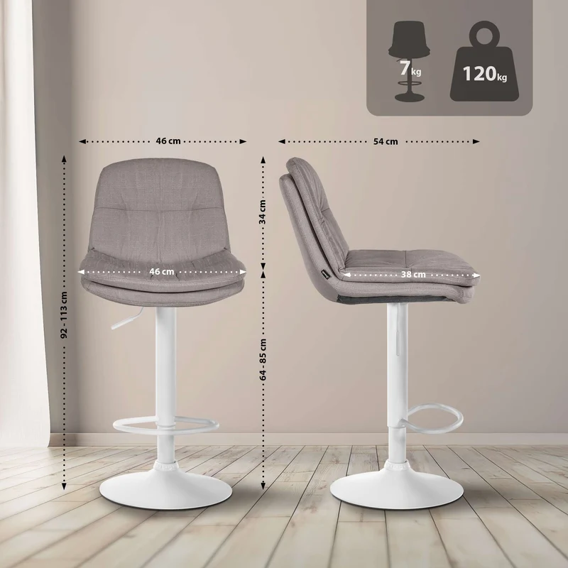 Tabouret chaise haute x1 pour cuisine et bar à assise moelleuse en tissu gris cadre en métal blanc 10_0005684