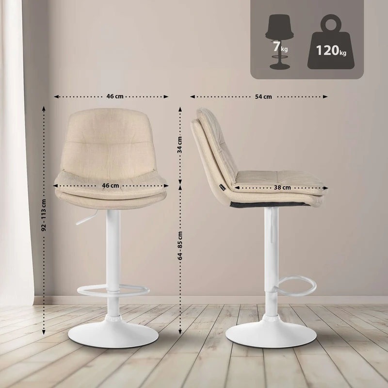 Tabouret chaise haute x1 pour cuisine et bar à assise moelleuse en tissu crème cadre en métal blanc 10_0005683