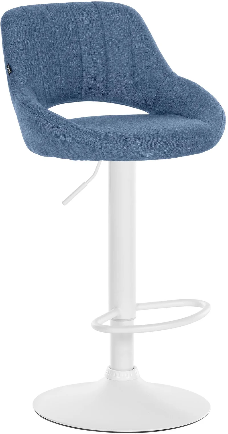 Tabouret de bar x1 réglable en hauteur en tissu bleu dossier ajouré et pied métal blanc 10_0006188