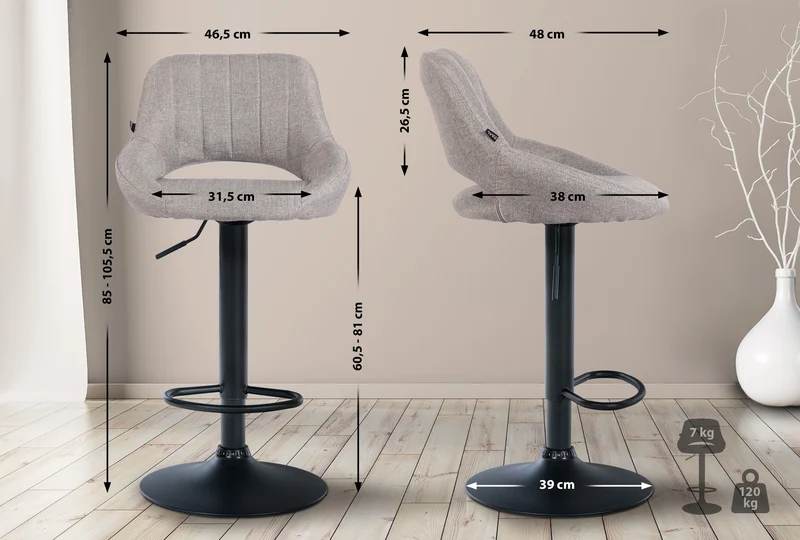 Tabouret de bar x1 réglable en hauteur en tissu gris dossier ajouré et pied métal noir 10_0005944