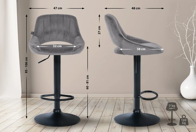 Tabouret de bar x1 réglable en hauteur en velours gris foncé dossier ajouré et pied métal noir 10_0005737