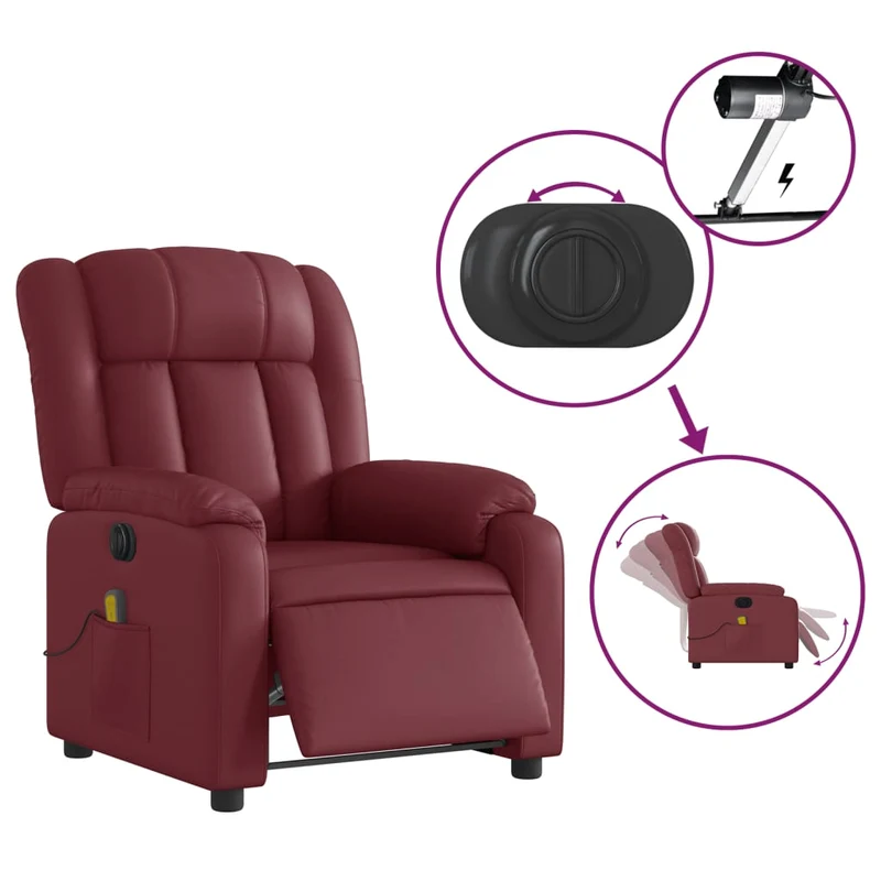 Fauteuil de relaxation TV fonction massage inclinable électrique en PVC rouge bordeaux DEC027239