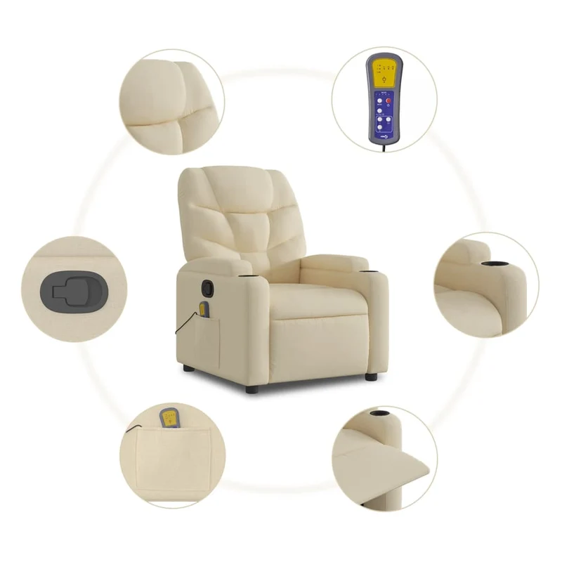 Fauteuil de relaxation TV fonction massage inclinable 6 points de massage en tissu crème DEC026886