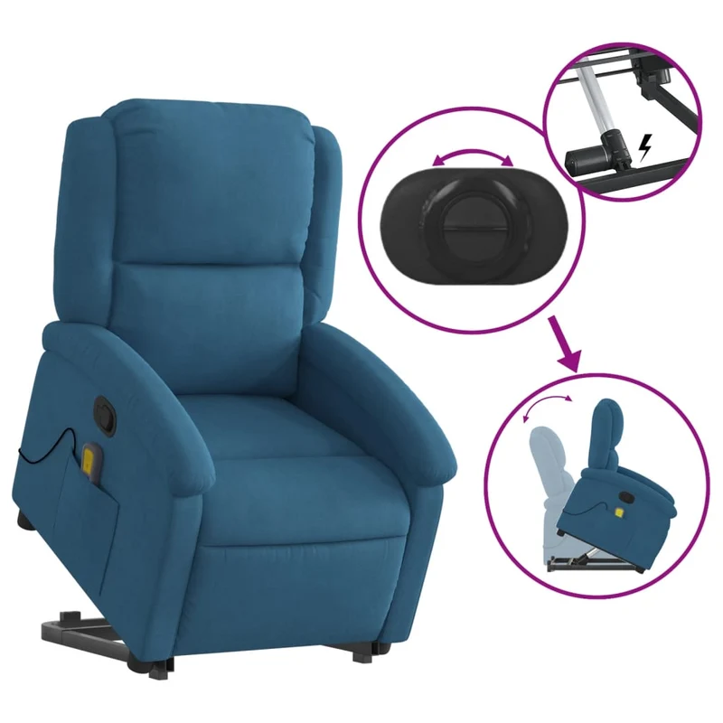Fauteuil de relaxation TV fonction massage inclinable levage électrique en velours bleu DEC026872
