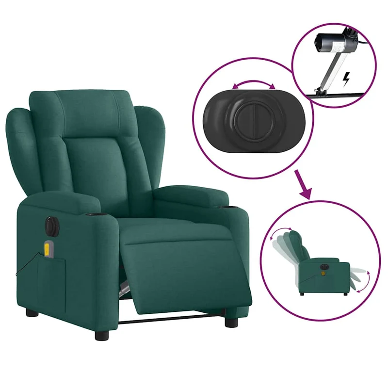 Fauteuil de relaxation TV fonction massage inclinable électrique 6 points de massage en tissu vert foncé DEC027281