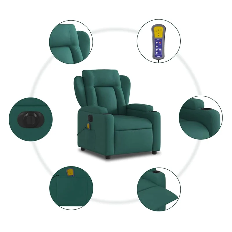 Fauteuil de relaxation TV fonction massage inclinable électrique 6 points de massage en tissu vert foncé DEC027281