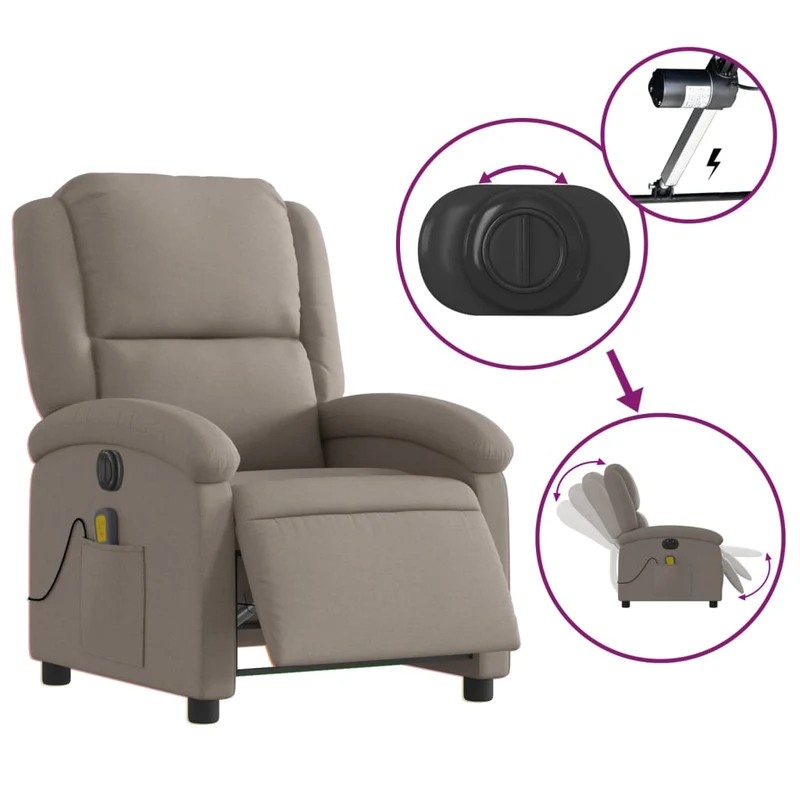 Fauteuil de relaxation TV fonction massage inclinable électrique 6 points de massage en tissu taupe DEC027264