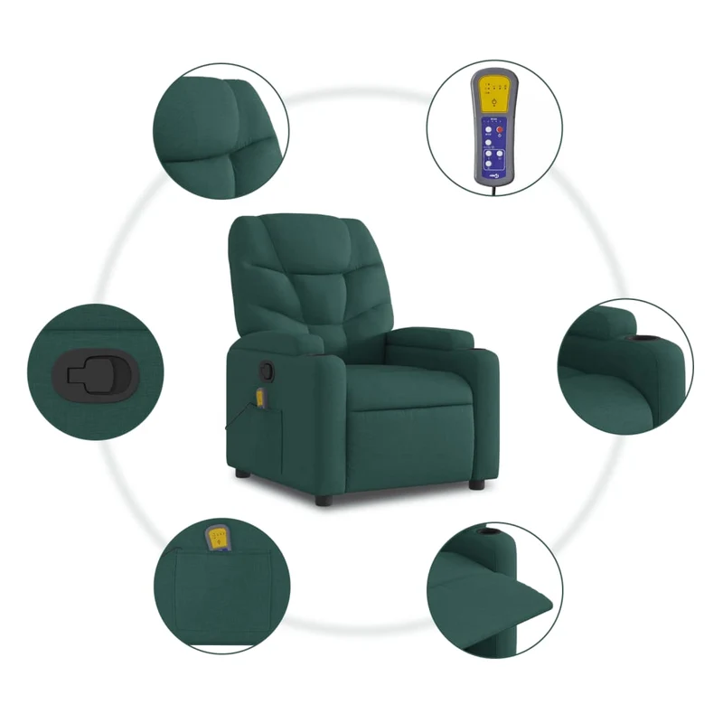 Fauteuil de relaxation TV fonction massage inclinable 6 points de massage en tissu vert foncé DEC027126