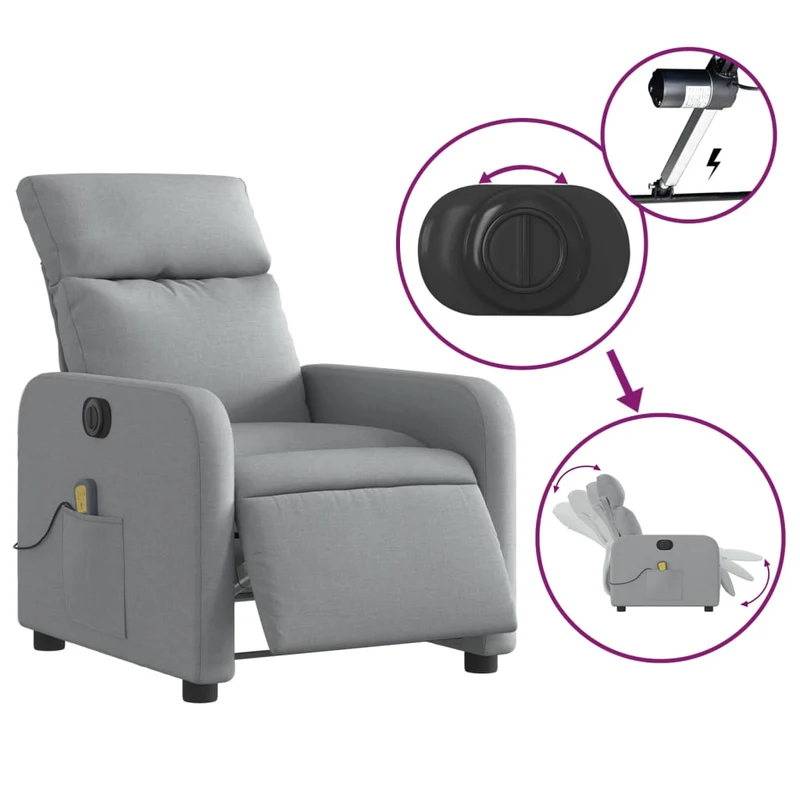 Fauteuil de relaxation TV fonction massage inclinable électrique 6 points de massage en tissu gris clair DEC027167
