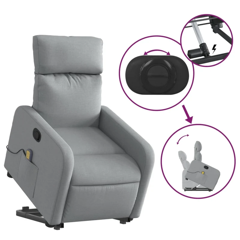 Fauteuil de relaxation TV fonction massage inclinable levage électrique en tissu gris clair DEC026923