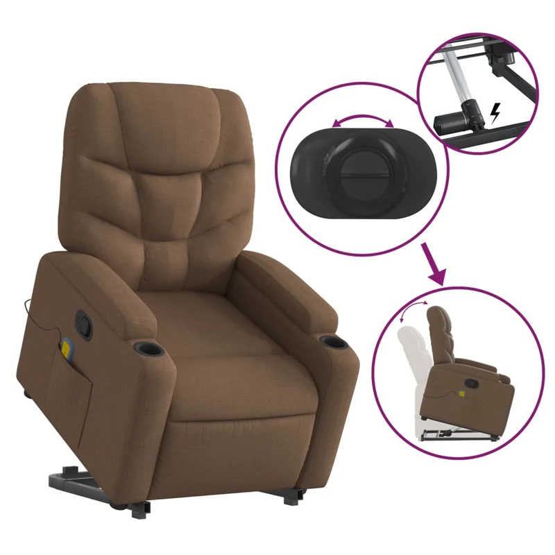 Fauteuil de relaxation TV fonction massage inclinable levage électrique en tissu marron DEC027016