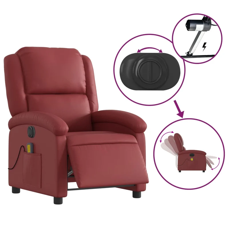 Fauteuil de relaxation TV fonction massage inclinable électrique 6 points de massage en PVC rouge bordeaux DEC027245