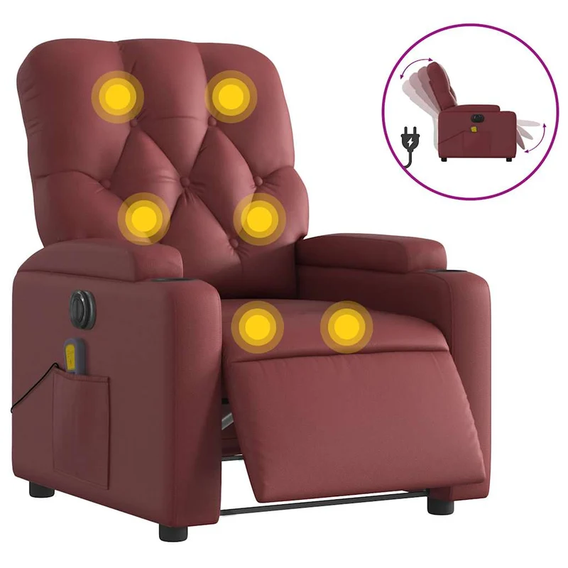 Fauteuil de relaxation TV fonction massage inclinable électrique 6 points de massage en PVC rouge bordeaux DEC027241