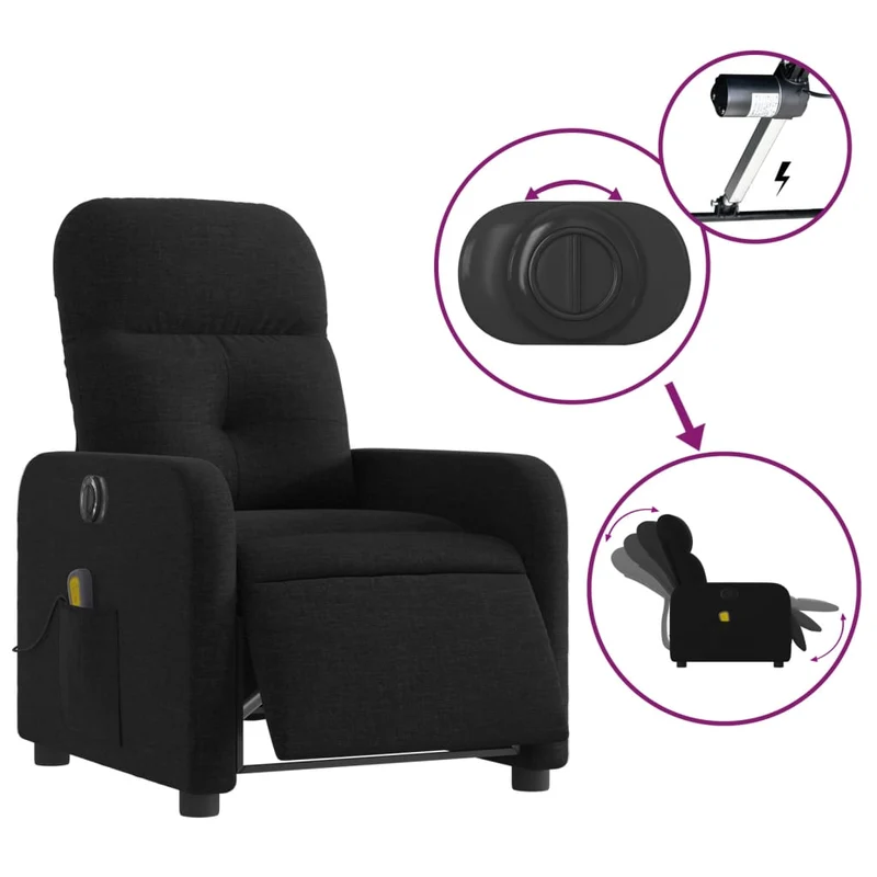 Fauteuil de relaxation TV fonction massage inclinable électrique 6 points de massage en tissu noir DEC027231
