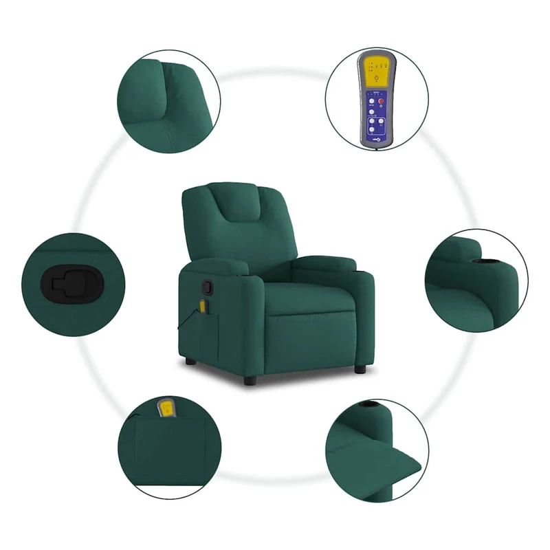 Fauteuil de relaxation TV fonction massage inclinable 6 points de massage en tissu vert foncé DEC027121