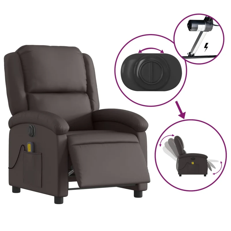 Fauteuil de relaxation TV fonction massage inclinable électrique 6 points de massage en cuir marron foncé DEC027184