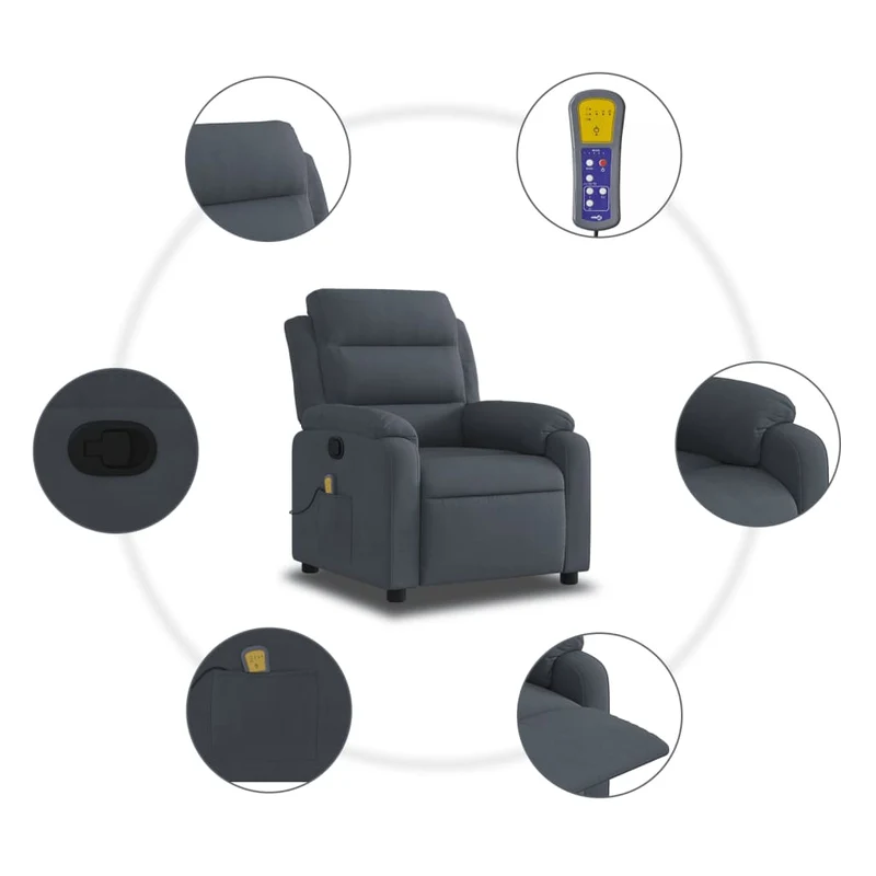 Fauteuil de relaxation TV fonction massage inclinable 6 points de massage en velours gris foncé DEC026967