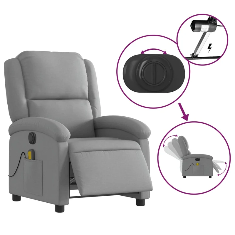 Fauteuil de relaxation TV fonction massage inclinable électrique 6 points de massage en tissu gris clair DEC027169