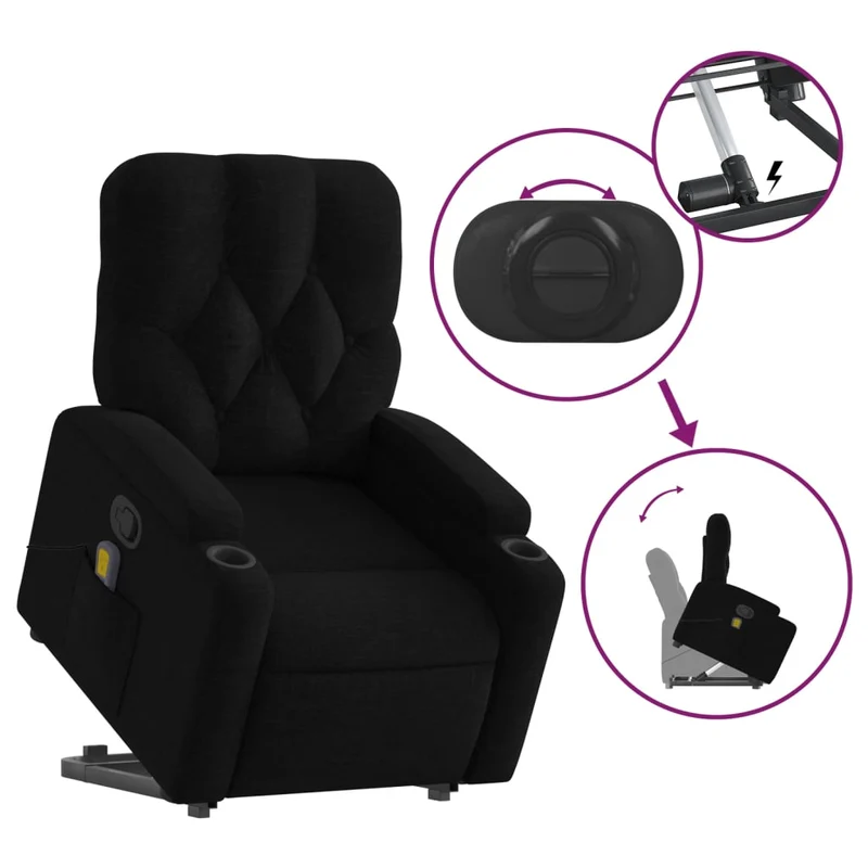 Fauteuil de relaxation TV fonction massage inclinable massage par vibrations par 6 points en tissu noir DEC027067