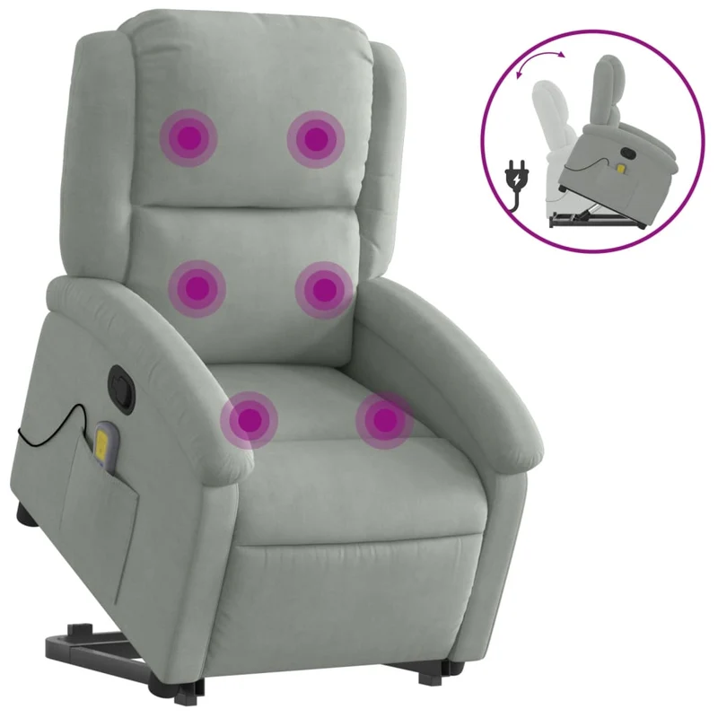 Fauteuil de relaxation TV fonction massage inclinable en tissu gris clair velours DEC026934