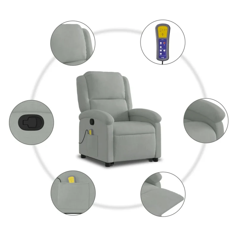 Fauteuil de relaxation TV fonction massage inclinable en tissu gris clair velours DEC026934
