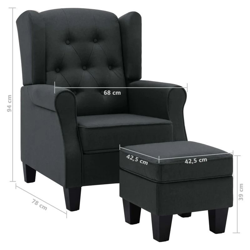 Fauteuil lounge design moderne avec repose-pied en tissu gris foncé capitonné DEC026834